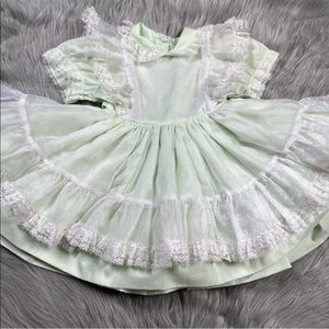 Vintage Betty Oden Green White Floral Lace Trim Ruffle Frilly Party Dress